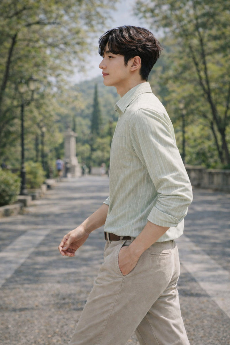 Mens Light Green Striped Slim Fit Casual Shirt 3