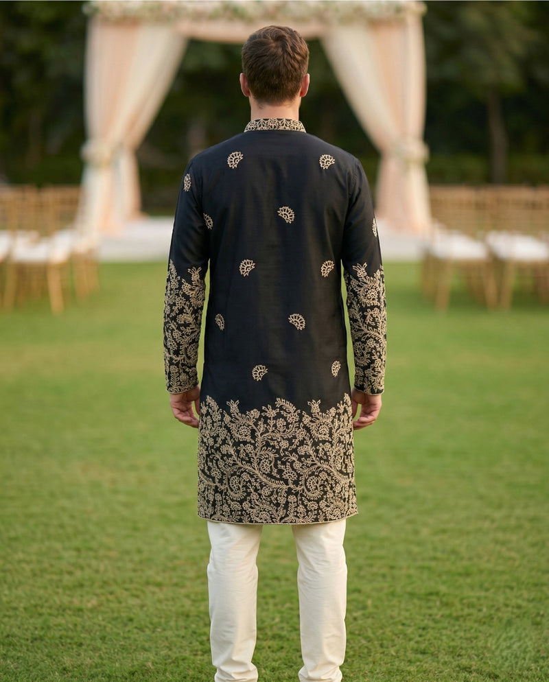 Men Black Embroidered Ethnic Kurta with Gold Detailing 6