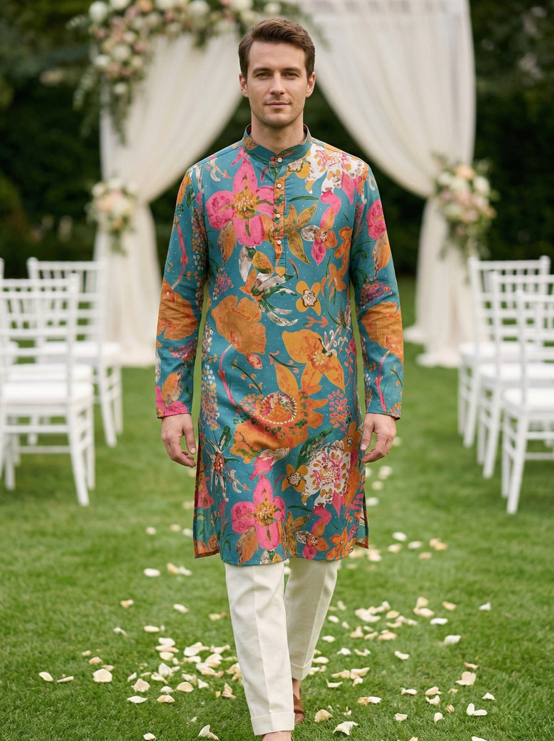 Men Teal Green Floral Printed Kurta