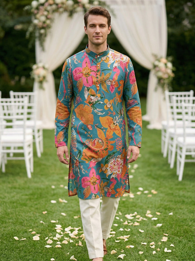 Men Teal Green Floral Printed Kurta