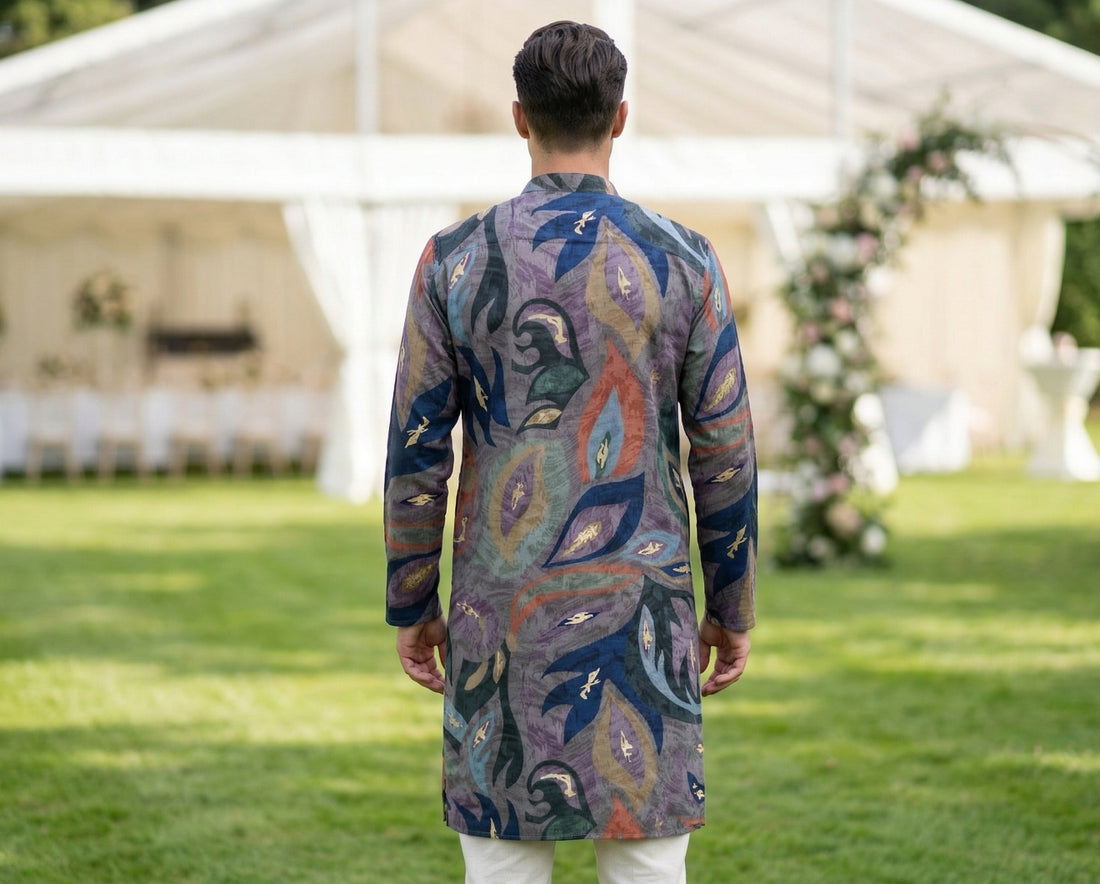 Men’s Grey Abstract Leaf Printed Kurta