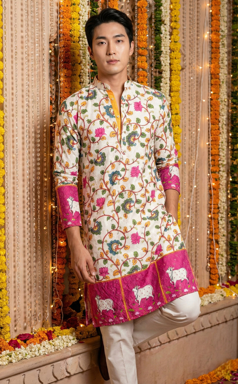 Men’s Off-White Floral Border Printed Kurta 1