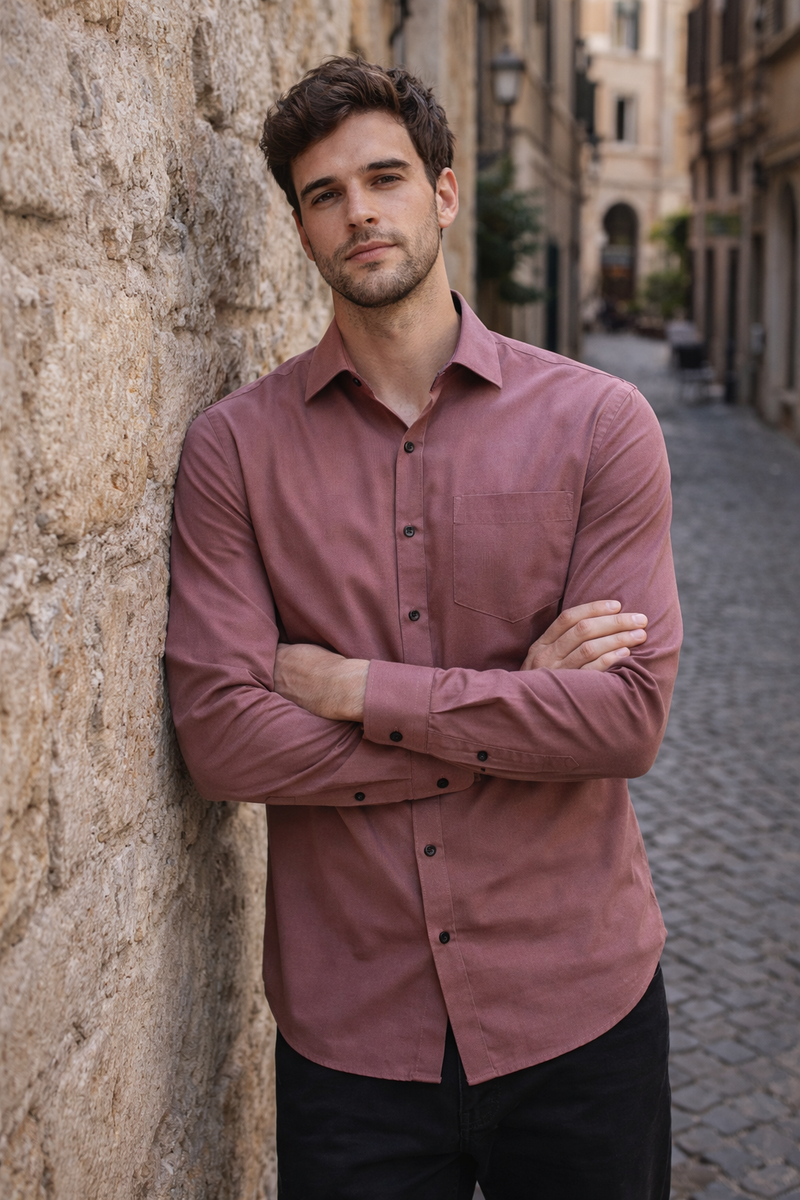 Men Mauve Solid Spread Collar Slim Fit Casual Shirt 5