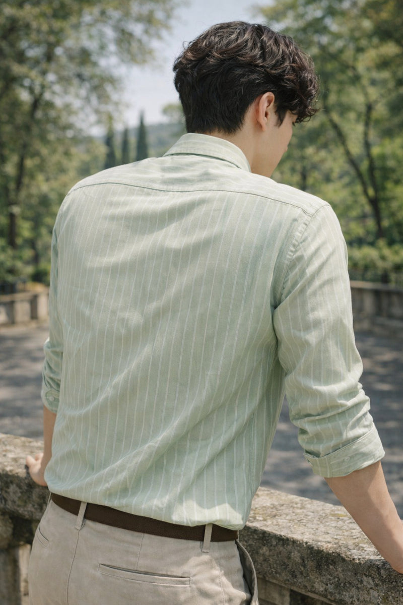 Mens Light Green Striped Slim Fit Casual Shirt 7