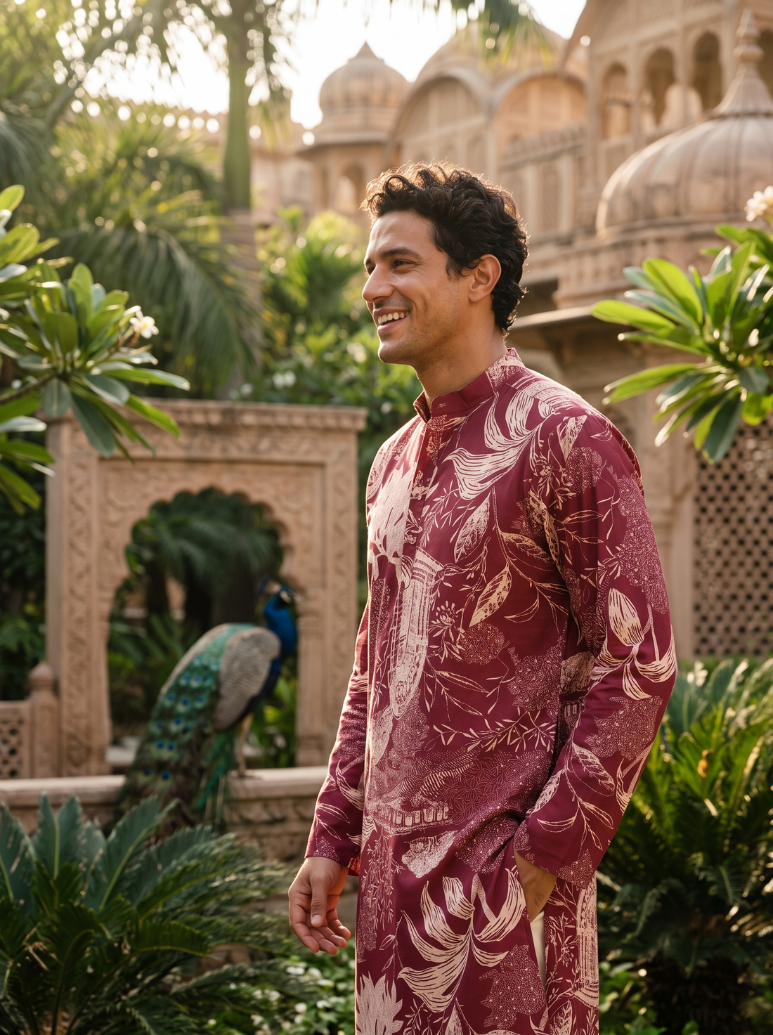 Men's Maroon Floral & Architectural Print Art Silk Blend Kurta