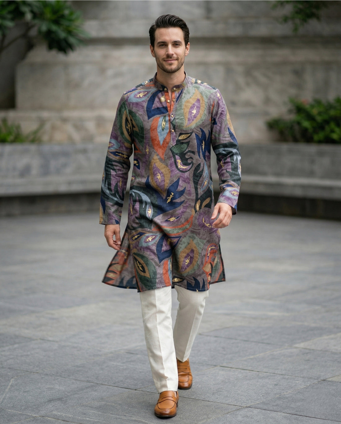 Men’s Grey Abstract Leaf Printed Kurta