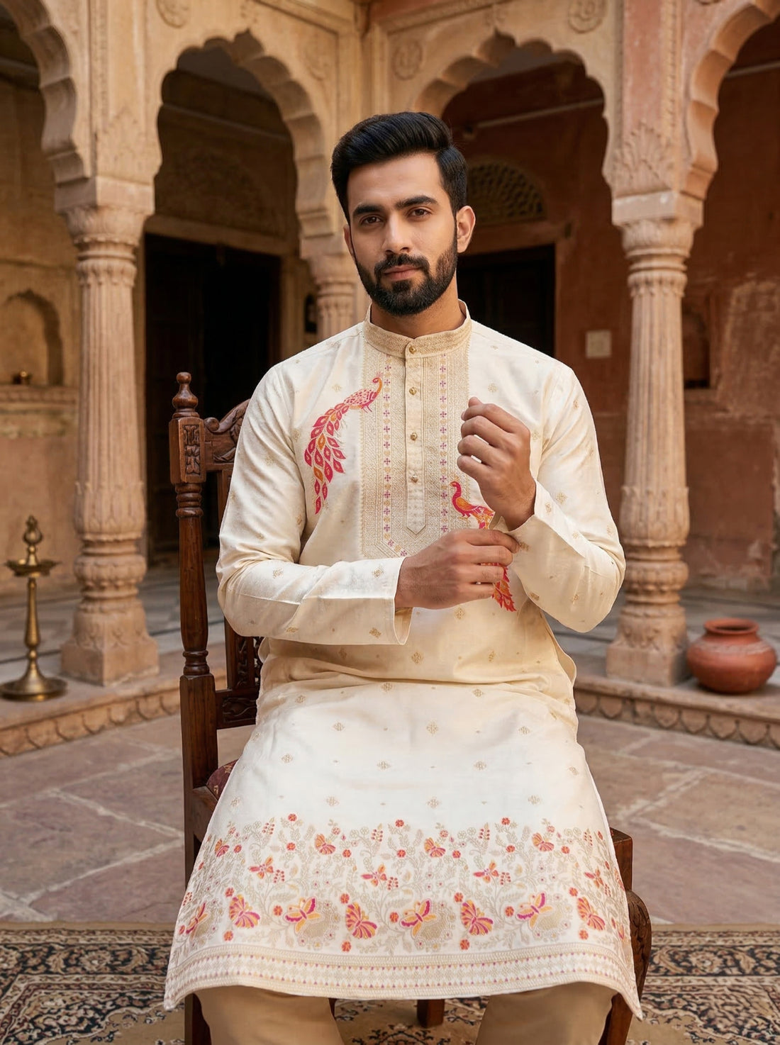 Men Cream Peacock Embroidered Ethnic Kurta with Floral Border