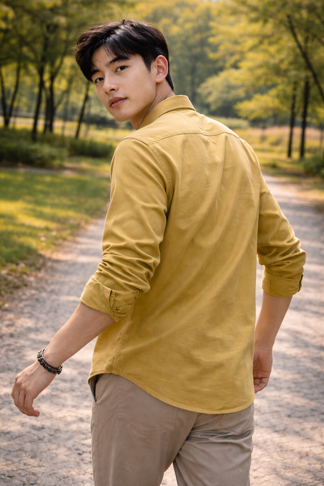Men's mustard yellow slim-fit casual shirt, product view