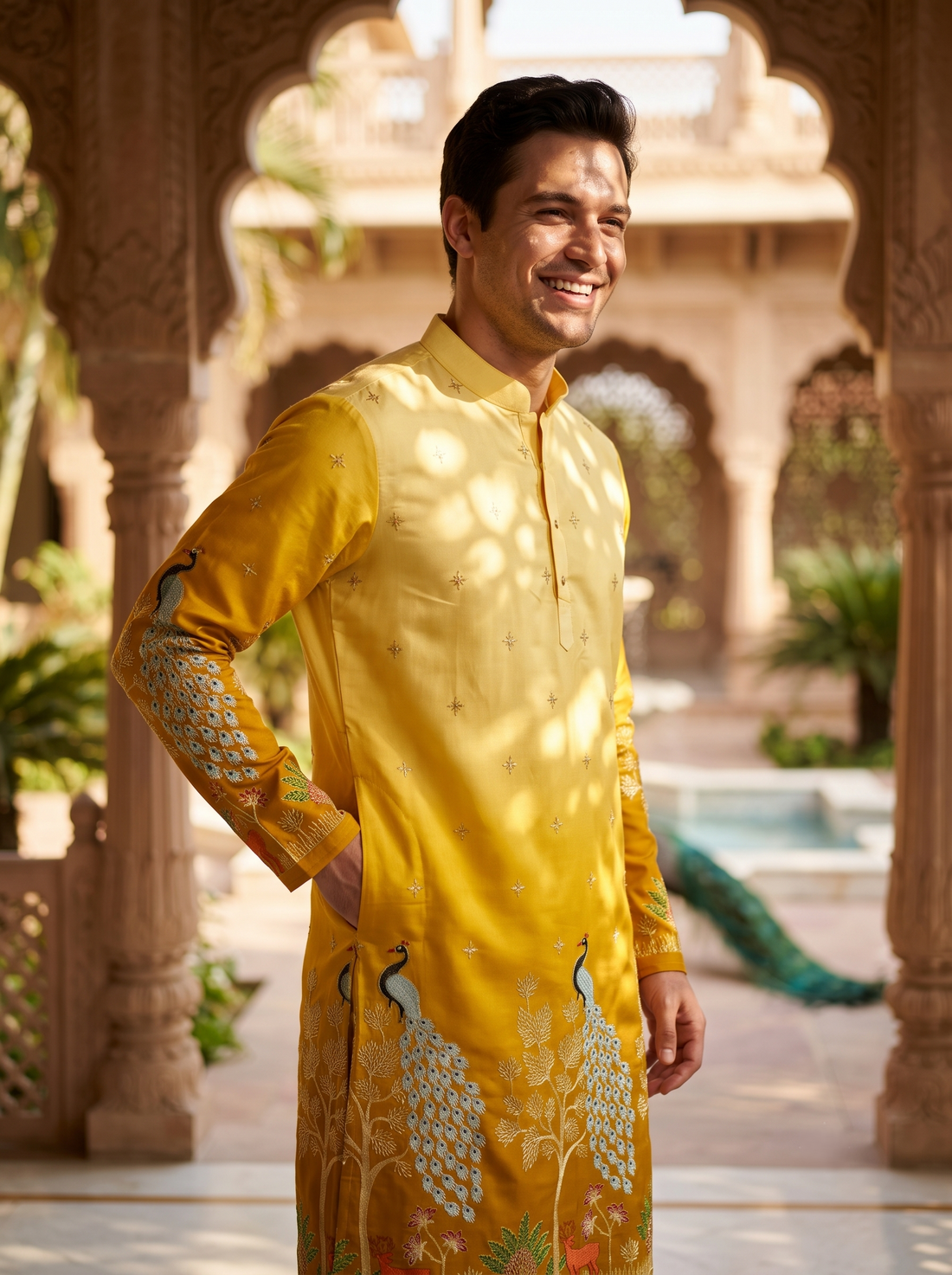Men's Festive Yellow Ombre Art Silk Kurta with Peacock & Forest Embroidery