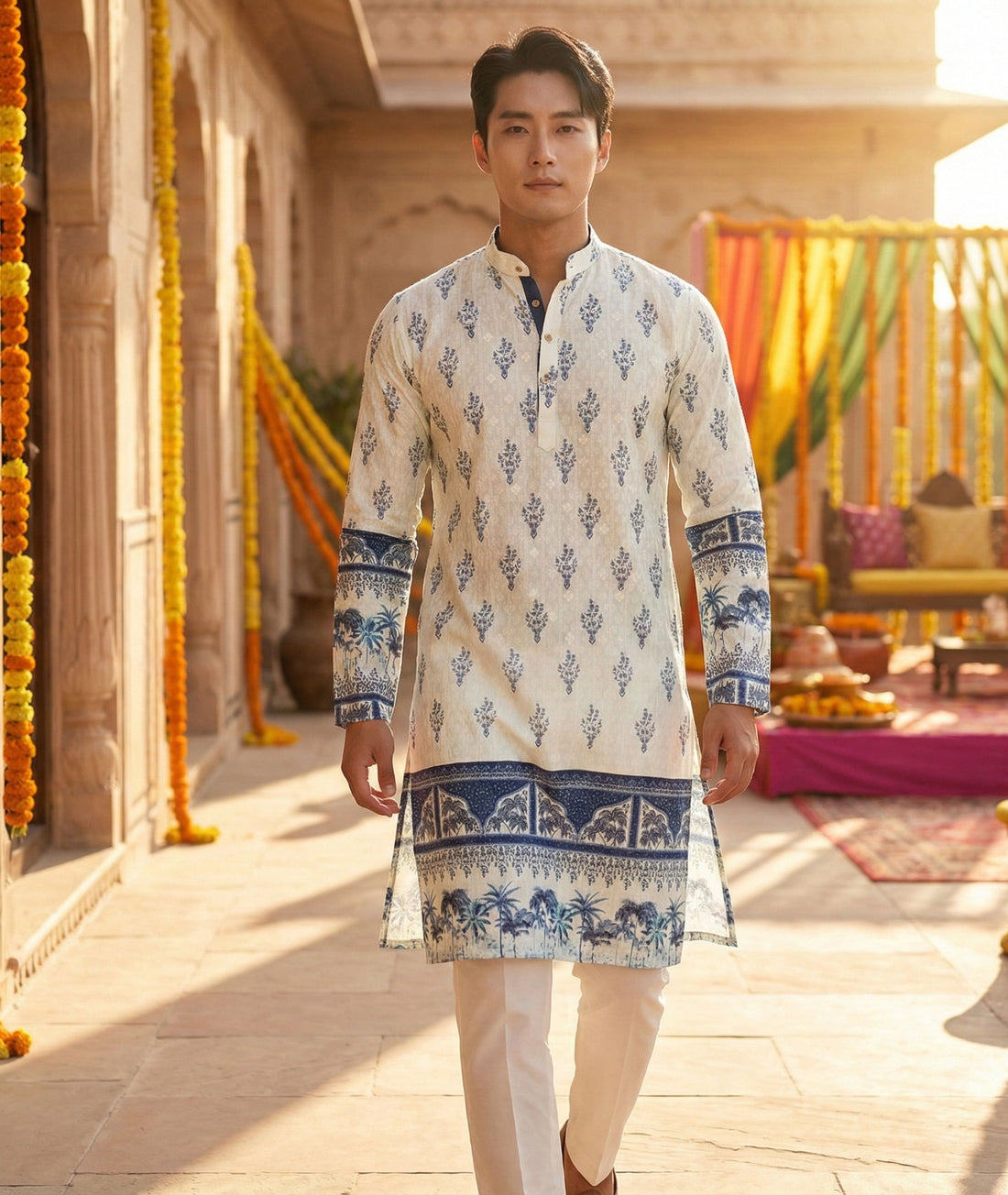 Men’s Cream & Blue Ethnic Motif Printed Kurta
