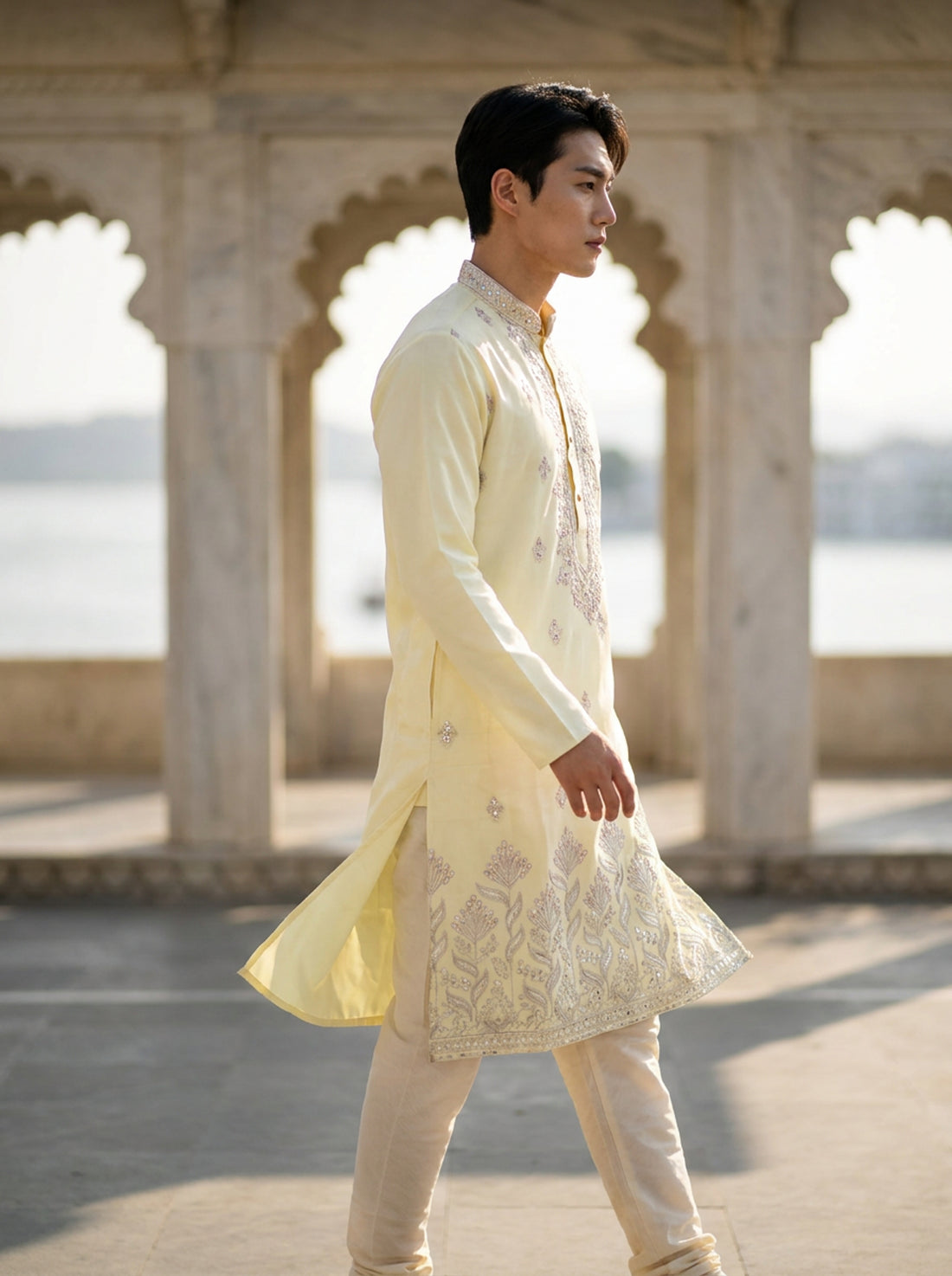 Men's Ivory Art Silk Blend Festive Embroidered Kurta
