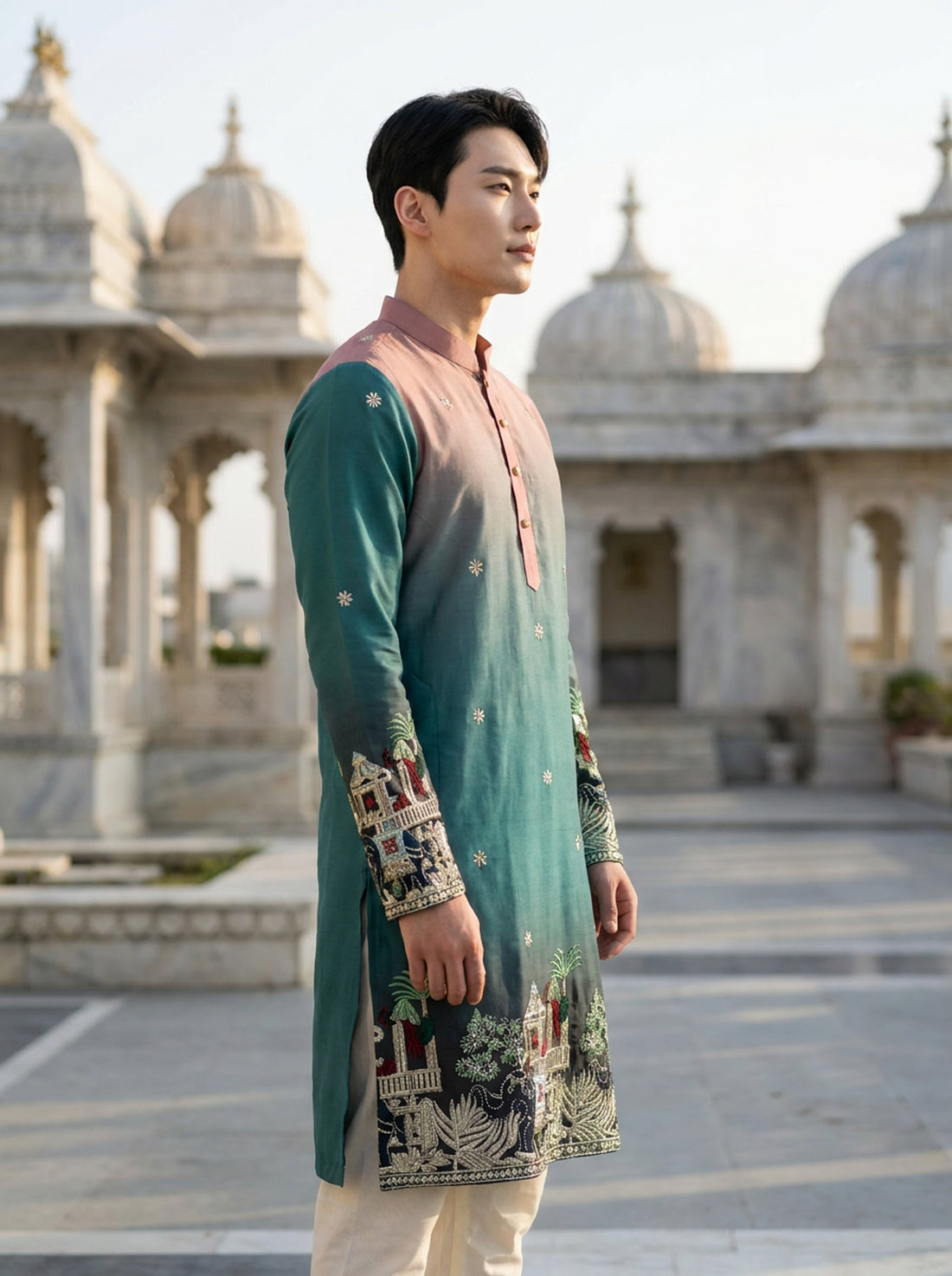 Men's Ombre Teal-Pink Kurta with Intricate Folk Art Embroidery