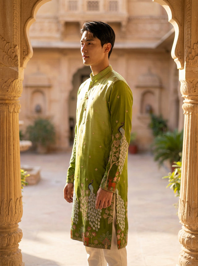 Men's Art Silk Ombre Green Tree of Life Embroidered Kurta