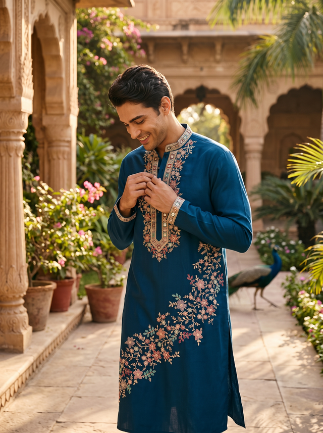 Men's Navy Floral Embroidered Art Silk Blend Kurta