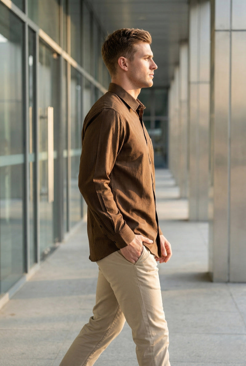 Men Dark Brown Textured Striped Slim Fit Casual Shirt 7