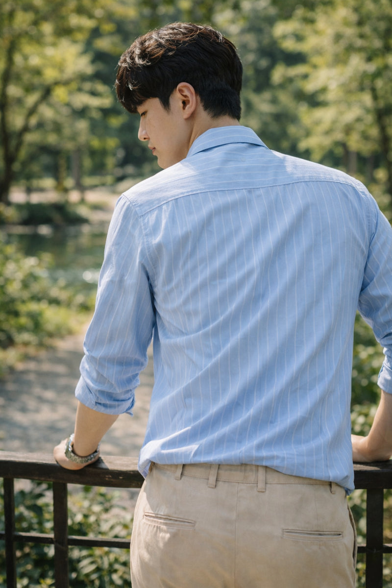 Mens Light Blue Striped Slim Fit Casual Shirt 7