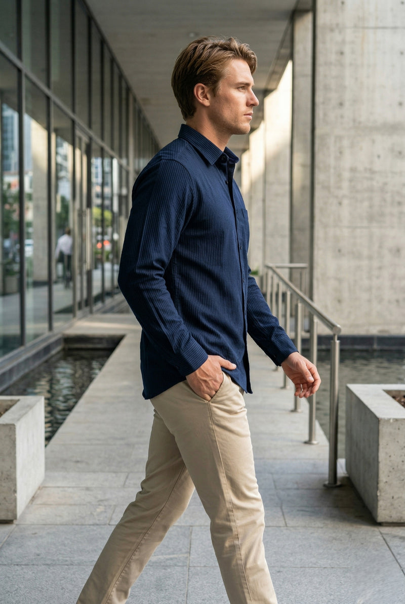 Men Navy Blue Textured Striped Slim Fit Casual Shirt 5