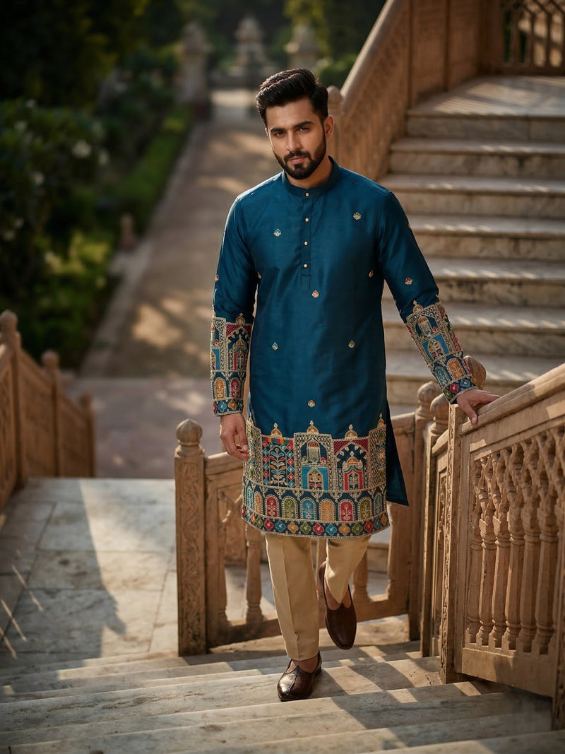 Men Blue Kurta for Festive & Wedding Wear with Ethnic Border 1