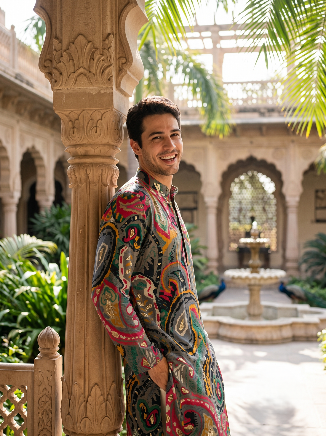 Men's Vibrant Multicolor Paisley Print Art Silk Blend Kurta