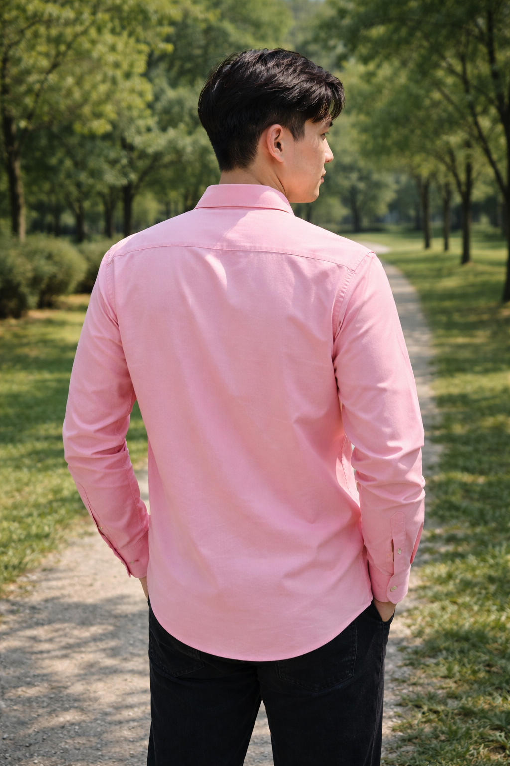 Men's pink slim-fit casual shirt, product view