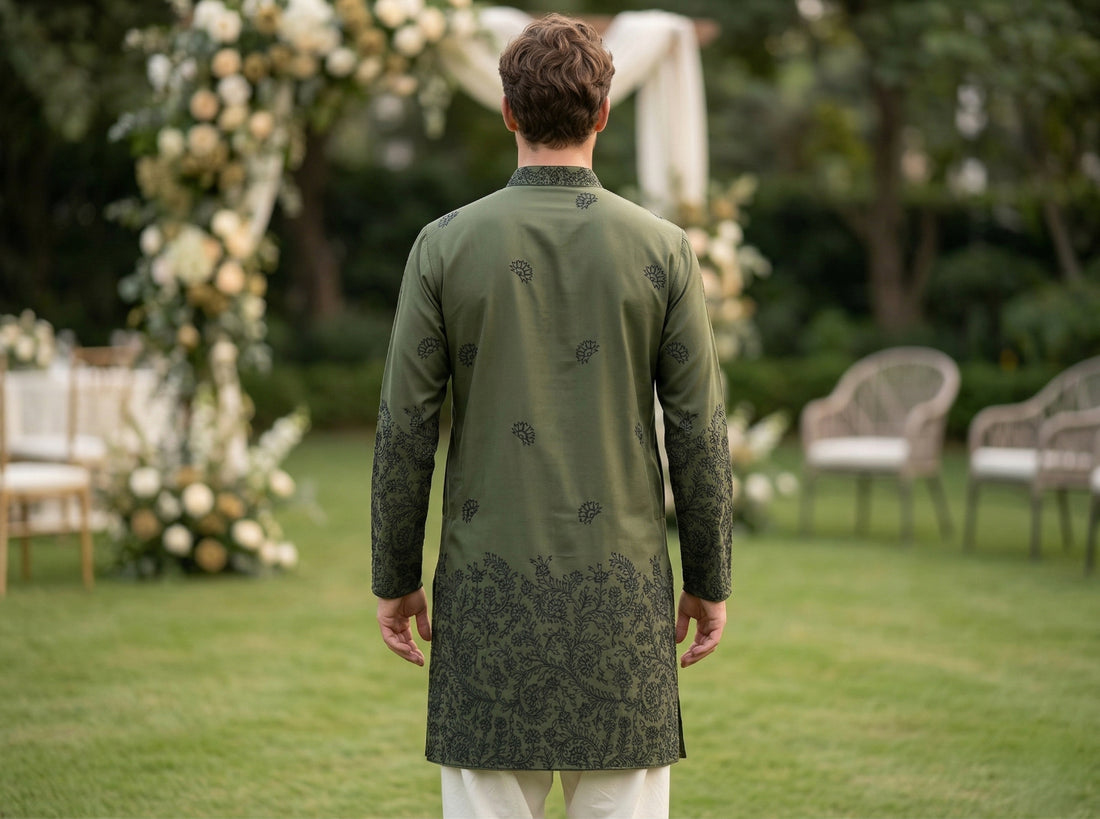 Men Olive Green Embroidered Ethnic Kurta