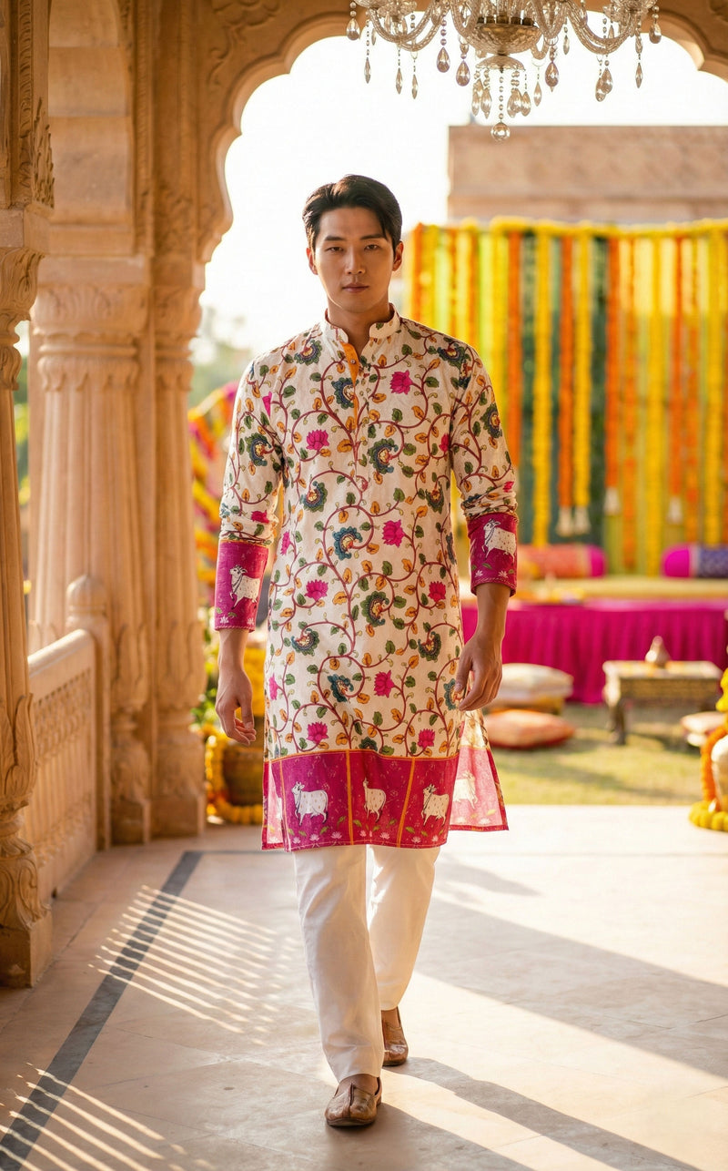 Men’s Off-White Floral Border Printed Kurta 6