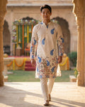 Men’s Cream Peacock Motif Printed Kurta