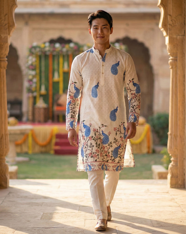Men’s Cream Peacock Motif Printed Kurta