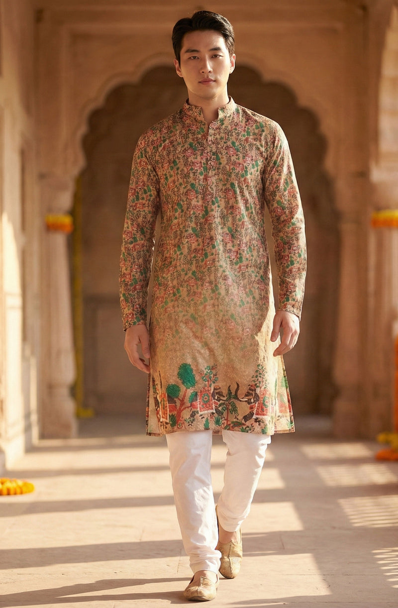 Men’s Beige Village Motif Printed Kurta 4
