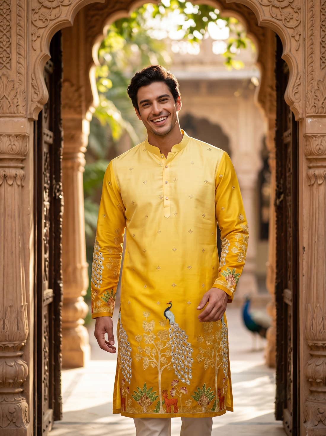 Men's Festive Yellow Ombre Art Silk Kurta with Peacock & Forest Embroidery