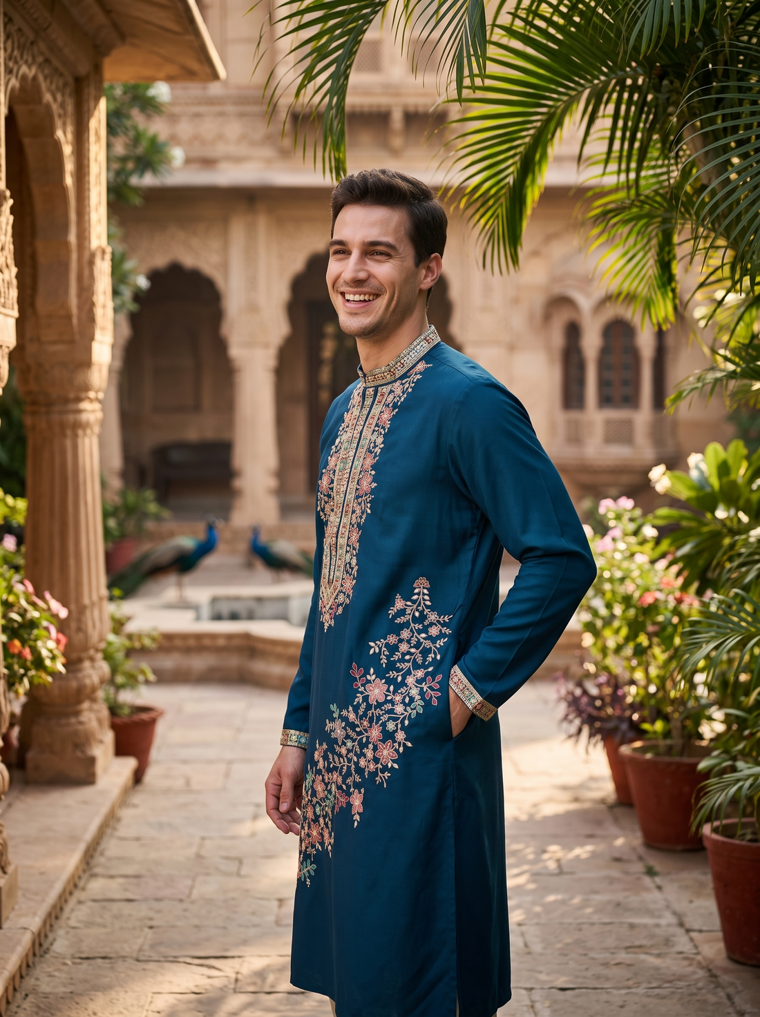 Men's Navy Floral Embroidered Art Silk Blend Kurta