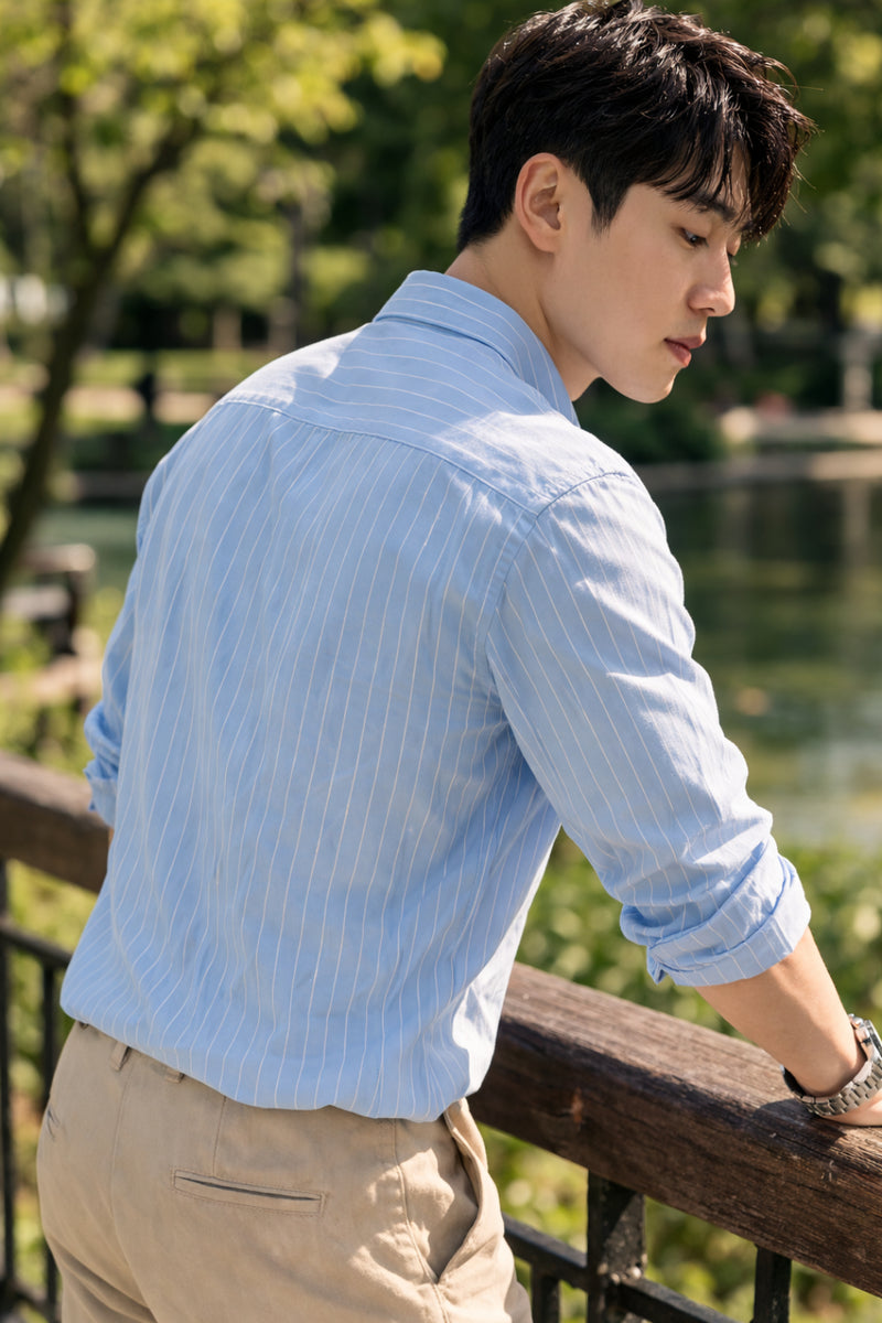 Mens Light Blue Striped Slim Fit Casual Shirt 4