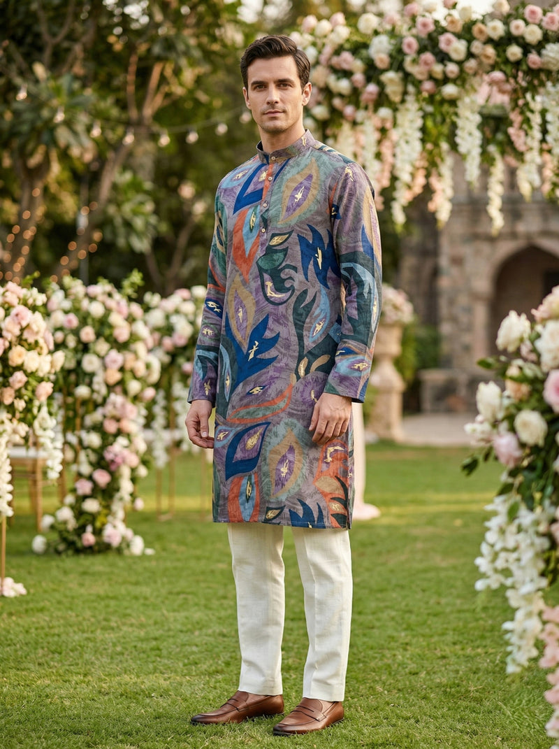 Men’s Grey Abstract Leaf Printed Kurta 3