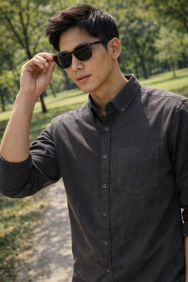 Men's charcoal slim-fit casual shirt, product view