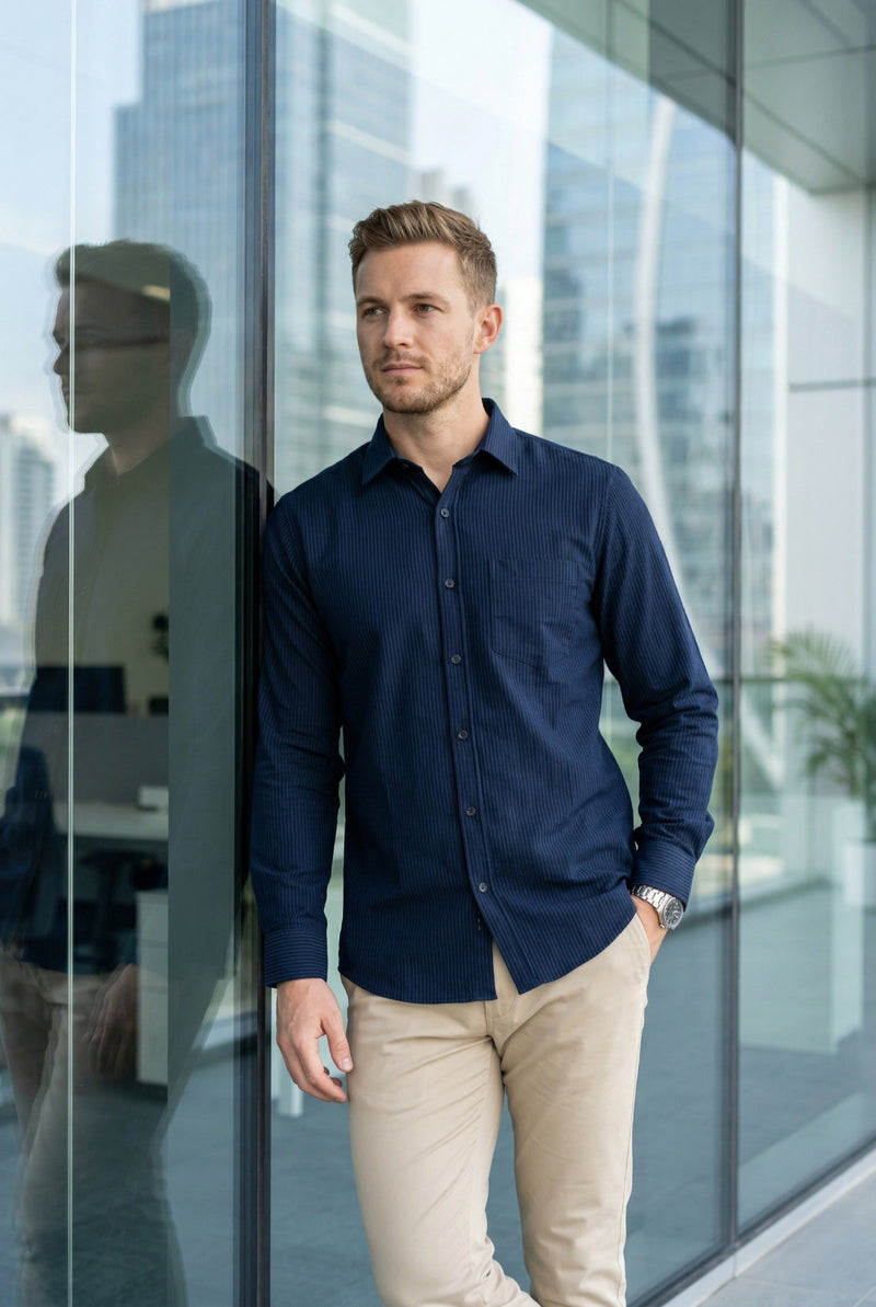 Men Navy Blue Textured Striped Slim Fit Casual Shirt 6