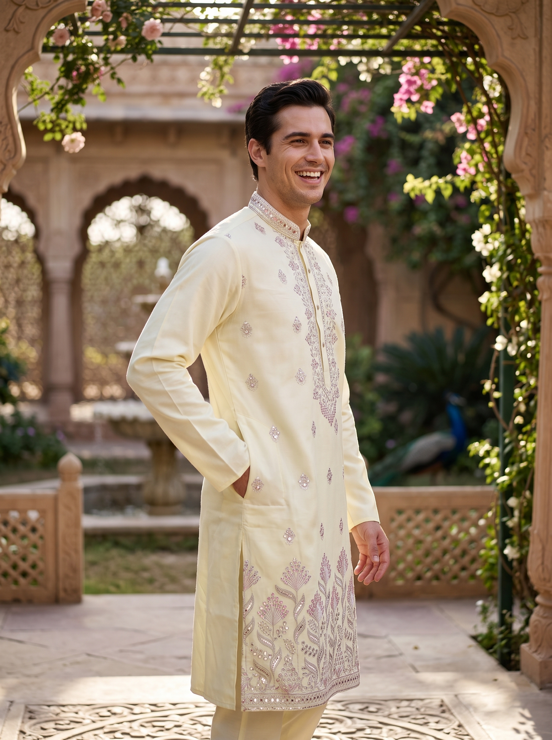 Men's Ivory Art Silk Blend Festive Embroidered Kurta