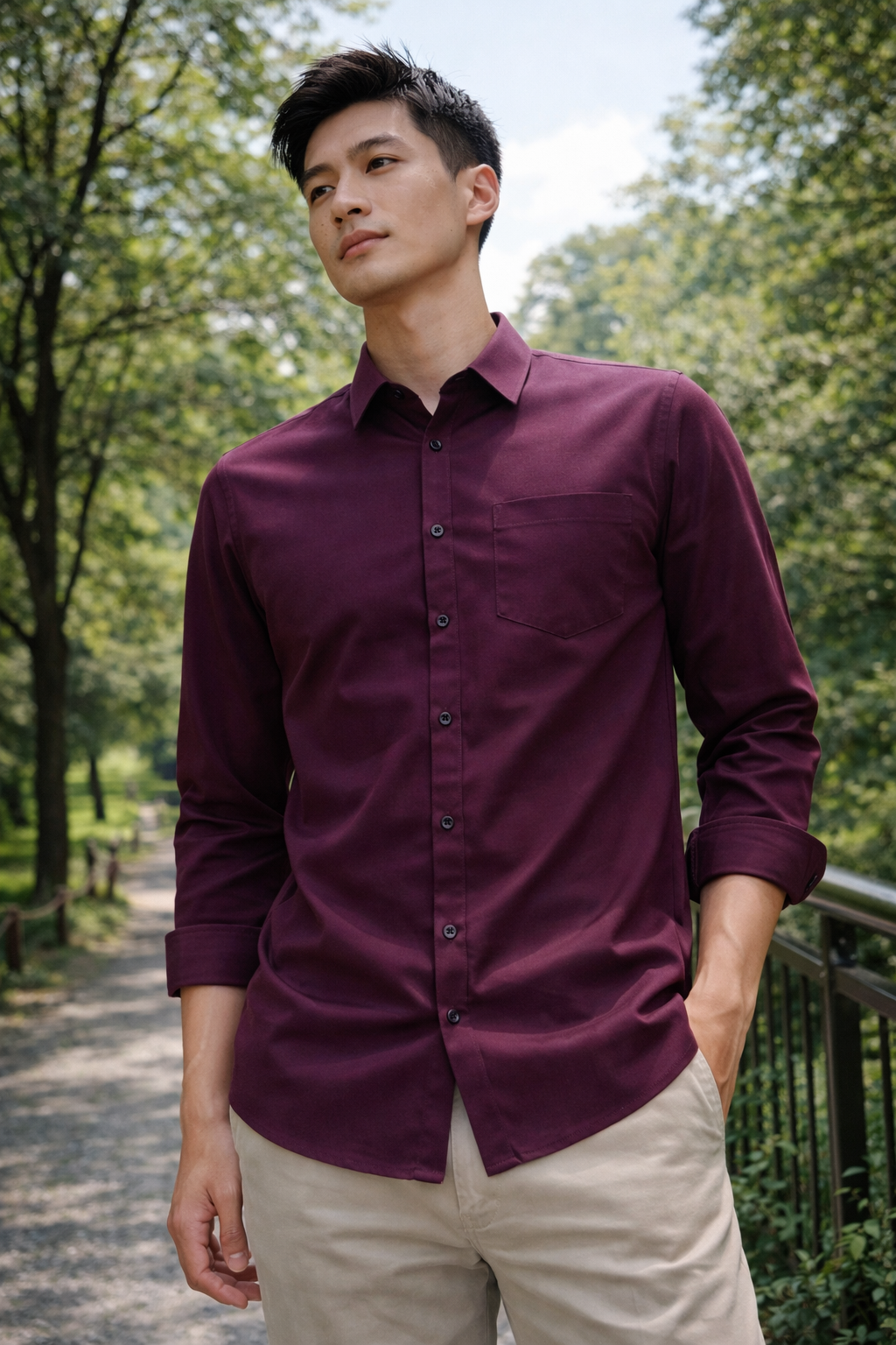 Men's deep purple slim-fit casual shirt, product view