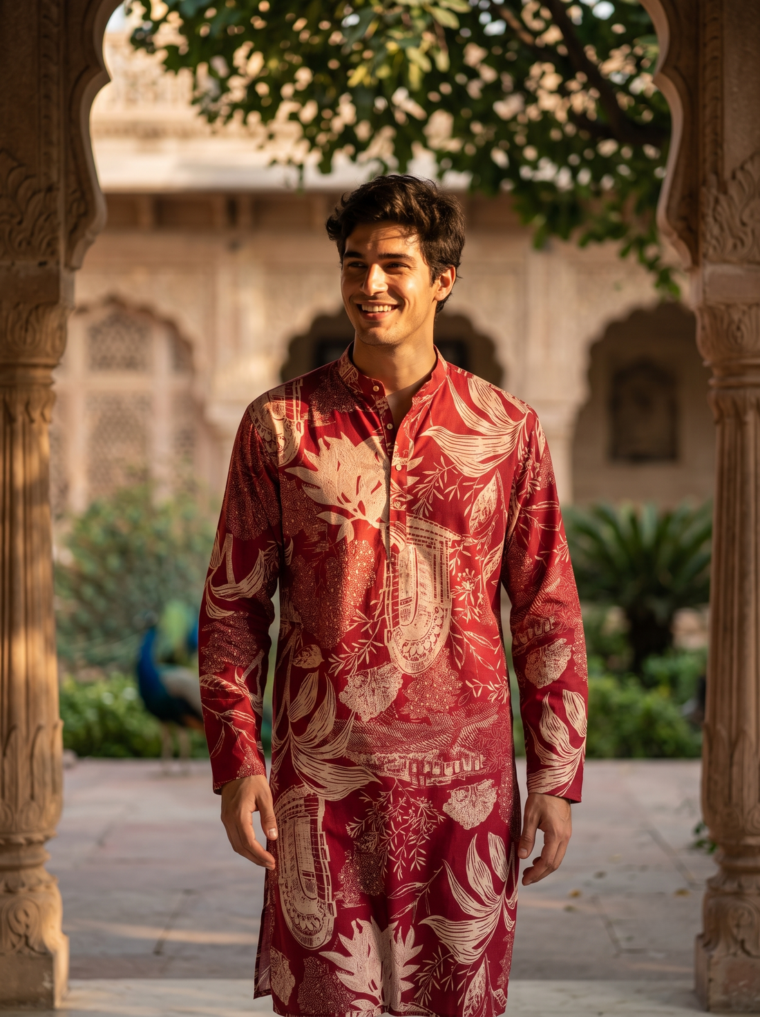 Men's Maroon Floral & Architectural Print Art Silk Blend Kurta