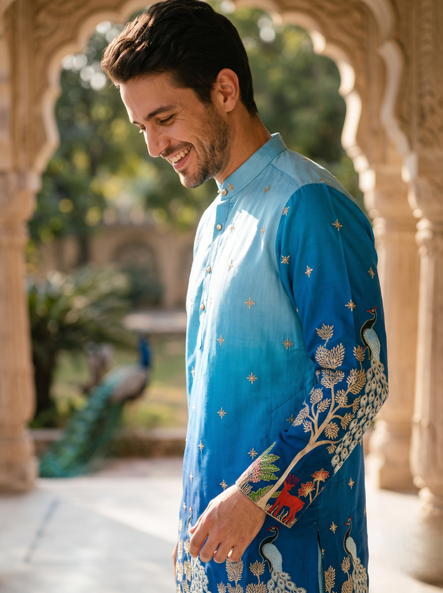 Men's Ombre Blue Peacock & Forest Embroidered Art Silk Kurta
