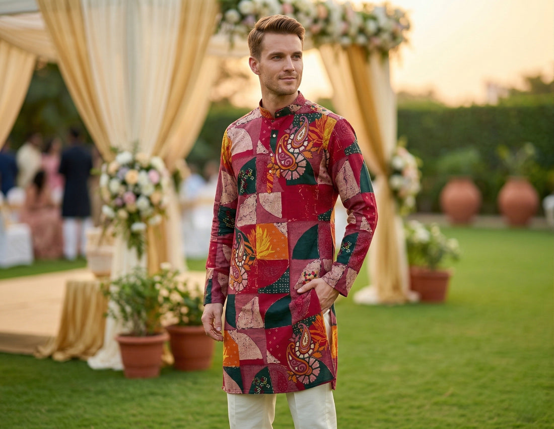 Maroon paisley and geometric print kurta for men