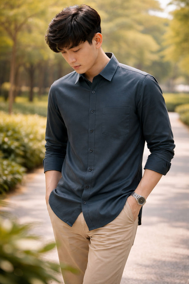 Men's green slim-fit casual shirt, product view