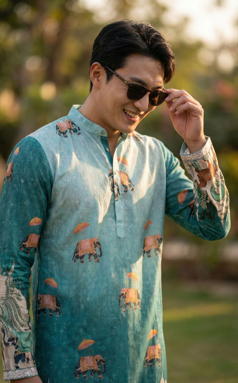 Men’s Blue Elephant Motif Printed Kurta 4