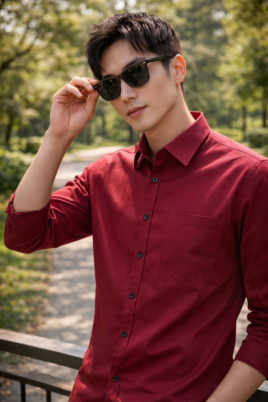 Men's red slim-fit casual shirt, product view