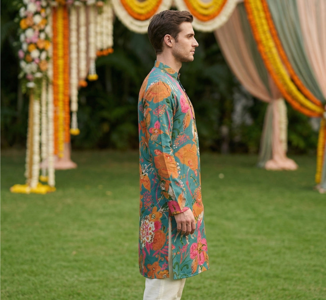 Men Teal Green Floral Printed Kurta