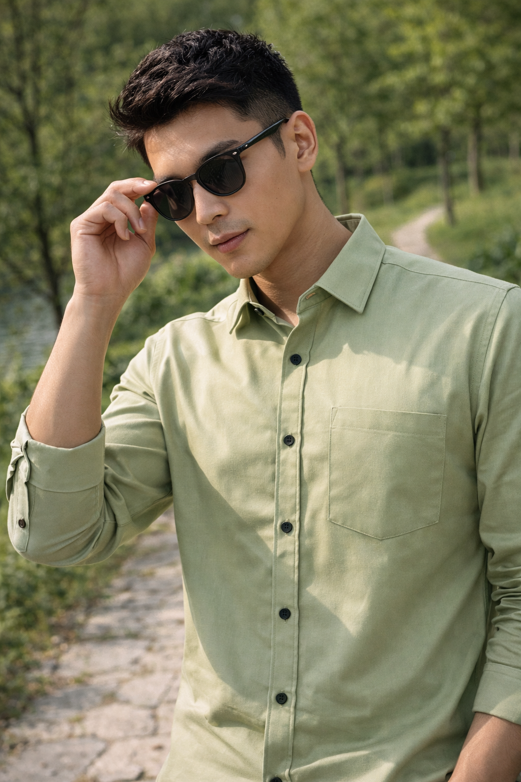 Men's light green slim-fit casual shirt, product view
