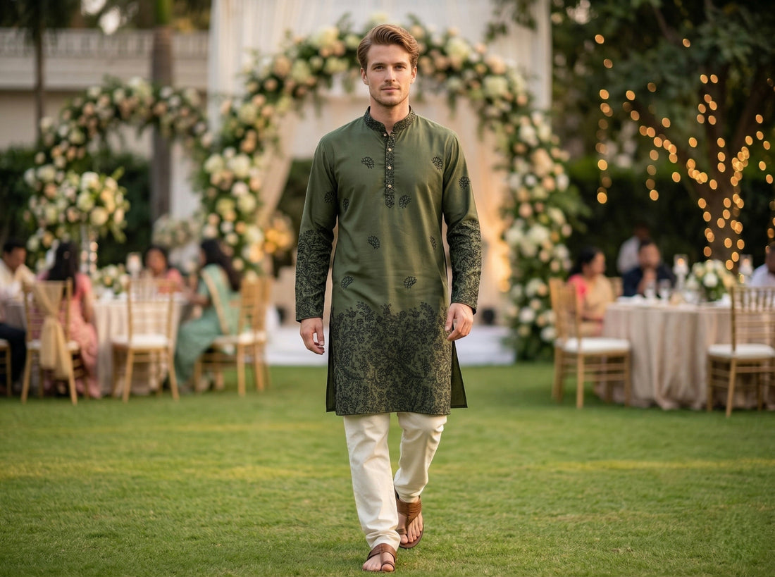 Men Olive Green Embroidered Ethnic Kurta