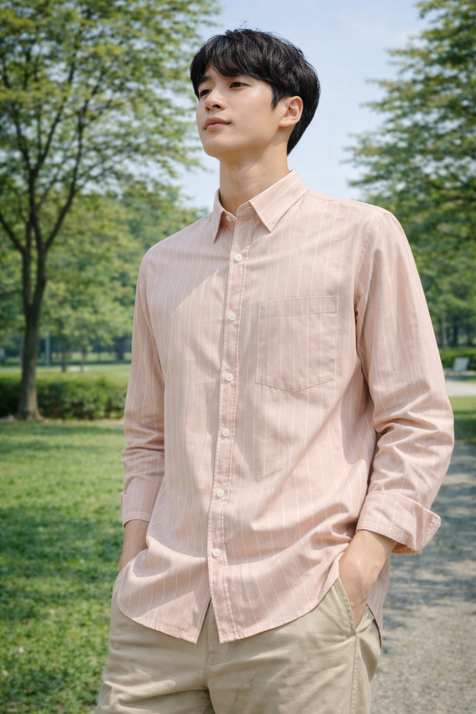 Mens Light Pink Striped Slim Fit Casual Shirt
