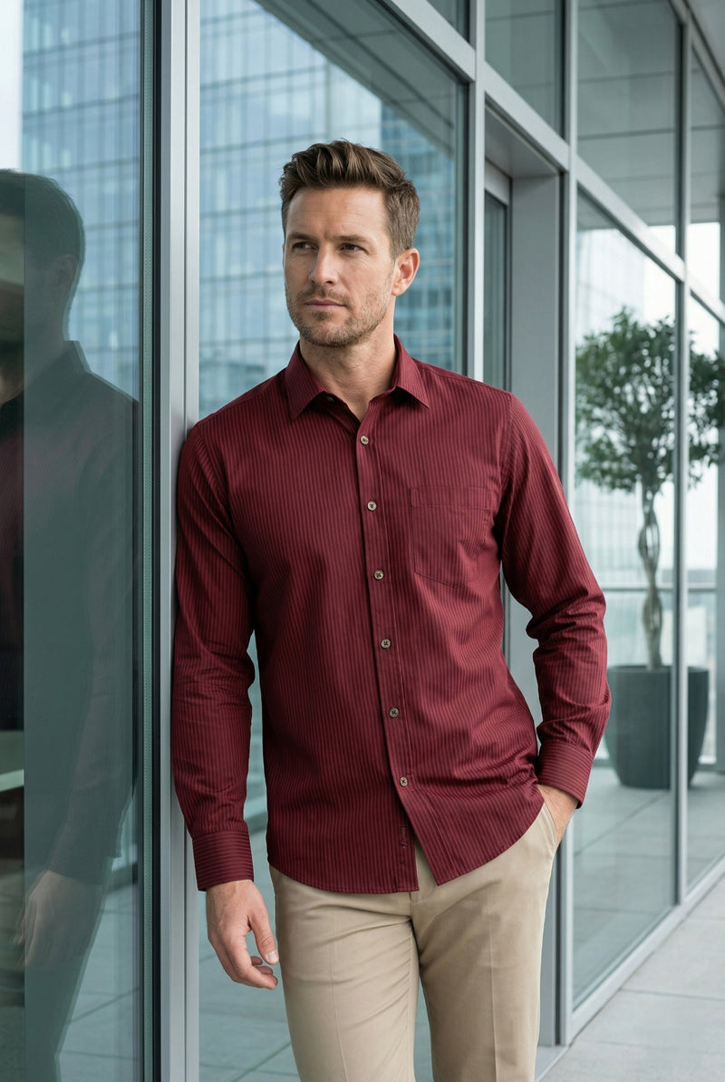 Men Burgundy Textured Striped Slim Fit Casual Shirt 3