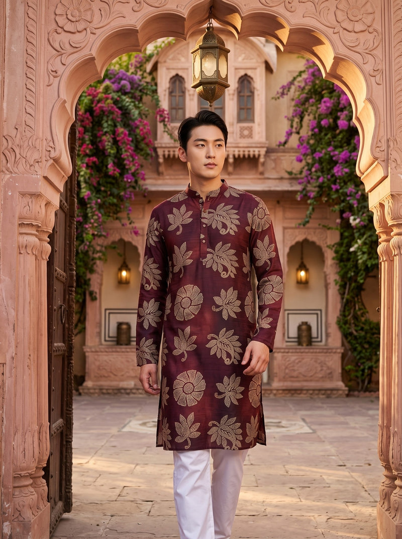 Men's Wine Maroon Beige Botanical Print Viscose Rayon Blend Kurta 8