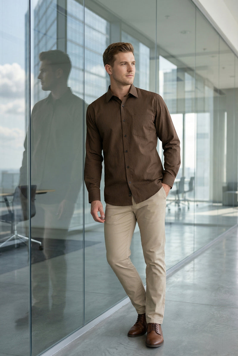 Men Dark Brown Textured Striped Slim Fit Casual Shirt 8